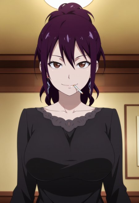 1girl,solo,mm,mature female,purple hair,brown eyes,earrings,ponytail,breasts,anime coloring, 
black dress,upper body, looking at viewer, smile,indoors,cigarette, straight-on, 
,masterpiece,best quality,amazing quality,<lora:nisekoi ix:0.8>
