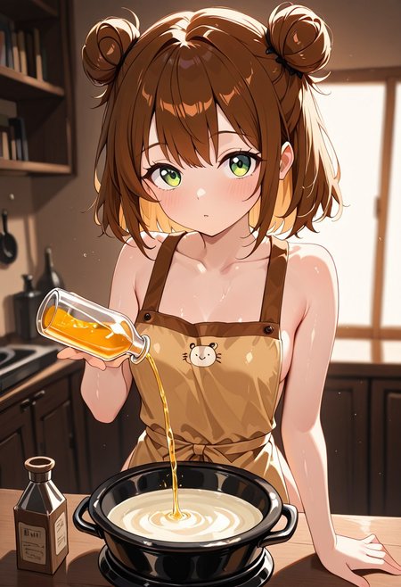 masterpiece, best quality, good quality, very aesthetic, absurdres, newest, 8K, depth of field,  in the style of cknc, artist:moriimee, in the style of cksc, 
1girl, short brown hair, messy bun, green eyes, small breasts, perky, stained apron, glossy skin, pouring potion, looking at viewer, from front
BREAK
cluttered workshop, bubbling cauldrons, books scattered
BREAK
warm light, earthy tones, high contrast, soft focus, rich details, curious vibe