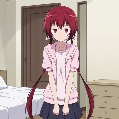 nsfw, masterpiece, best quality, 1girl, solo,  jokamachi_no_danderaion_akane_sakurada, standing, empty eyes, twintails, red hair, long hair, jitome, red eyes, low twintails, hair ribbon, skirt, ribbon, bedroom, bed, <lora:Akane_Sakurada_-_Jokamachi_no_Danderaion_2:0.7>