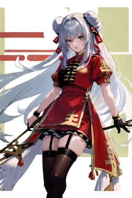 solo_focus, 1girl, (((masterpiece))), ((best quality)), ((ultra-detailed)), high resolution, absurdres, highres, ultra-detailed 8k unity wallpaper, 
DafengNyanNyan, hair between eyes, double bun, red china dress, black thighhighs, pelvic curtain, garter straps, hair ribbon,blackgloves,