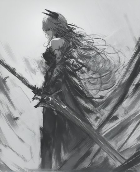 score_9, score_8_up. score_7_up,  <lora:tudasix-000024:1>
1girl, weapon, solo, long hair, sword, holding weapon, holding sword, holding, standing, from side, sketch, monochrome, bare shoulders