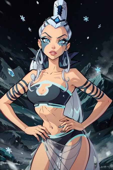 (Icy), blue eyes, white hair,(very long hair), (ice background, snowing, winter, mountains), (realistic:1.2), (masterpiece:1.2), (full-body-shot:1),(Cowboy-shot:1.2), dark romantic lighting, (highly detailed:1.2),(detailed face:1.2), (gradients), colorful, detailed eyes, (natural lighting:1.2), solo <lora:add_detail:0.3> <lora:BeautifulEyes:0.6> <lora:WinxClubAmplifiedIcy-10:0.9>