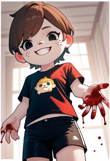 zPDXL3, score_9, score_8_up, score_7_up, score_6_up, score_5_up, score_4_up, 
1boy, solo, straight short brown hair, black eyes, black shorts, flat chest, red t-shirt, a big “1” is written on the front of the t-shirt in light blue and white border, smiling, evil glint in one eye, acvillager, (chibi:1.2) (blood on face), (bloody hands:1.2), (blood on clothes) cowboy shot, low angle, dutch angle,