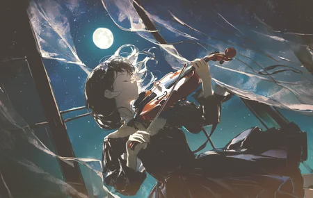 (dino \(dinoartforame\):1.1),1girl, dark theme, night,b74_l1,dark theme,closed eyes, [dutch angle::6],full moon, starry sky,  solo, 1girl, dark background, window, playing instrument, Violin , see-through curtains, windy,night, <lora:43stl1ght1ngXLP2:.5> 43stl1ght1ng, low light, dramatic lighting, darkness, spotlight, window lighting,<lora:lighting-000006:1.3>  <lora:jkafka-XL:.4:lbw=XLALL:stop=15>,mksks style  <lora:miv4t2:.3>, blue theme