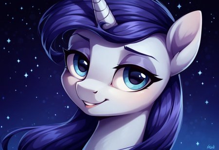 safe_pos, score_9,score_8_up,score_7_up,score_6_up,score_5_up,score_4_up,my little pony,((feral pony)),1girl,((solo)),(sexy),beautifully detailed,(detailed cute pony face),((detailed blue starry background:1.5)),((woman)),high angle,(cute smile:1),((up-close))  1girl,((solo)),(sexy),
body lavender
mane and tail deep purple-blue
eyelids shiny purple-blue
eyebrows deep purple-blue
eyes moderately yellow

unicorn
Moonlight Raven 
