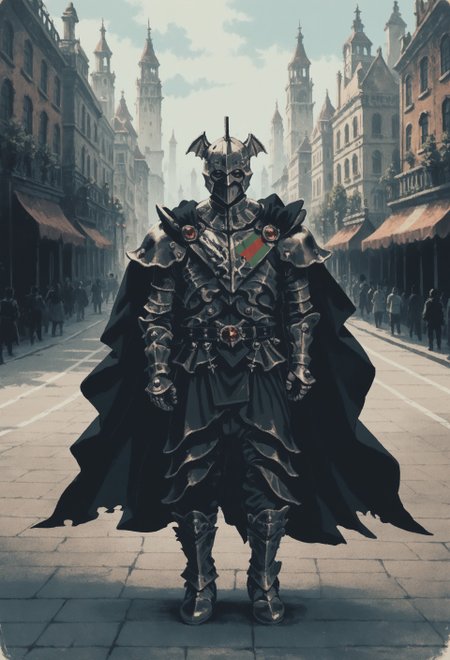 score_9, score_8_up, score_7_up, score_6_up, masterpiece, best quality, very aesthetic, gothic, Italian, knights, armor, belt, sheath, cape, BREAK bustling city background, scenery focus, dynamic color, standing guard, dynamic background, warm tone, vermis style