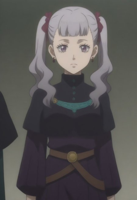 source_anime, anime screencap, source_anime, auratheguillotine, anime screencap, masterpiece, source_anime, shiny skin,,,,,,<lora:noellesilva-pdxl-nvwls-v1-000005:1> noelle silva, grey hair, purple eyes, twintails, hair ribbon, black capelet, green strap, white and purple dress, long sleeves, belt,