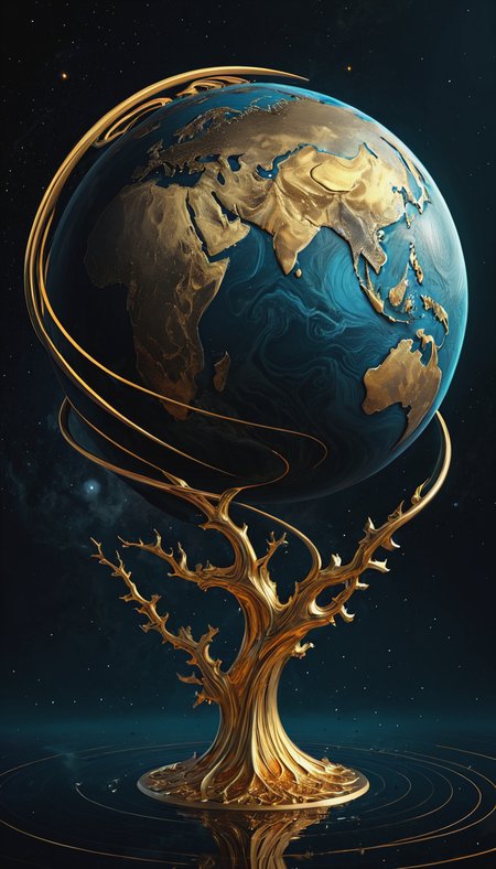 Illustration, mysterious floating earth planet with golden carvings, circular lines, 