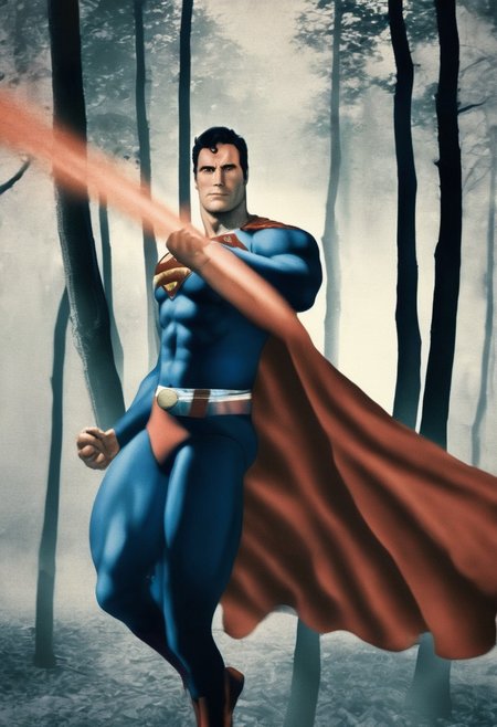 photography, hyperrealistic photo analog film photograph of Superman walking through woods, black hair, blue eyes, prominent brow ridge, hyperrealistic, hyper-realistic, photo taken by 50's camera, with a telephoto lens( 200mm), award-winning cinematography, faded film, grainy, vignette, vintage,  Lomography, stained, highly detailed, found footage . extremely high-resolution details, photographic, realism pushed to extreme, fine texture, incredibly lifelike, wide angle, handsome face, Superman, smile, closed_mouth, closed mouth smile, looking at the viewer, solo, day