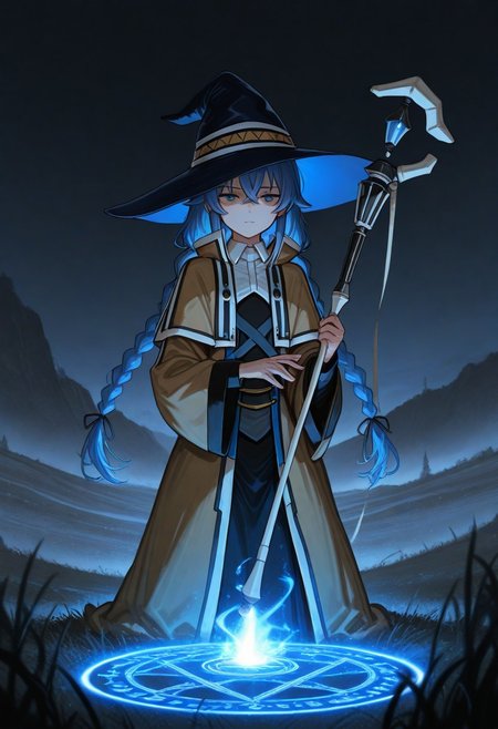 masterpiece, by piaki,  best quality, very detailed, 
1 girl, roxy migurdia, blue hair, flat chest, twintails, blue hair, witch hat,
outdoors, open field, ominous vibe, casting magic, chanting, magic circle, dark sky, holding staff, windy, detailed eyes, serious face,