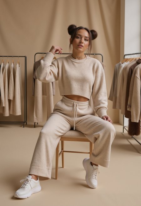 beautiful young woman, short two ponytails, large round breasts, clo021, woman wearing a cozy beige cropped knit sweater, wide-leg lounge pants, modern styled white sneakers, sitting on a chair and posing in a clothing shop