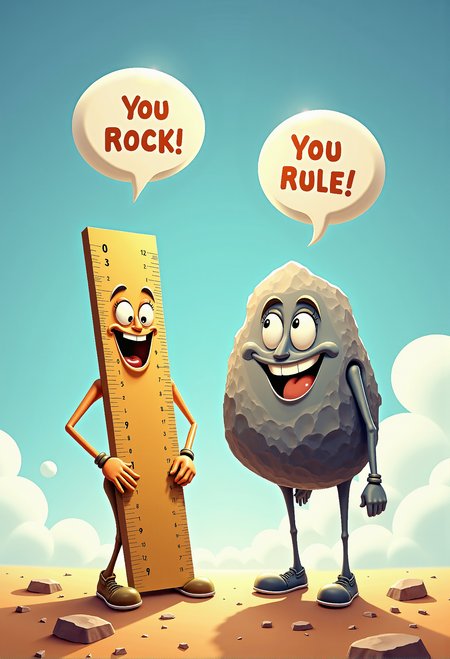 concept art In a playful cartoon style, a ruler and a rock meet, both with exaggerated cartoon hands and feet. The ruler, standing tall and thin, has a cheerful expression, and a speech bubble above it reads, 'You rock!' The rock, short and sturdy, smiles back with a speech bubble that says, 'You rule.' The scene is lighthearted and fun, with vibrant colors and exaggerated features that give both characters a lively, animated feel. aiai-Glimra  <lora:aidmaHyperrealism-FLUX-V0.1.safetensors:1.0>,  <lora:aiai-Glimra-Flux-Dev-v2.safetensors:0.5>,  <lora:Surrealist_CFH-000013.safetensors:1.0>, Surr3@l  . digital artwork, illustrative, painterly, matte painting, highly detailed