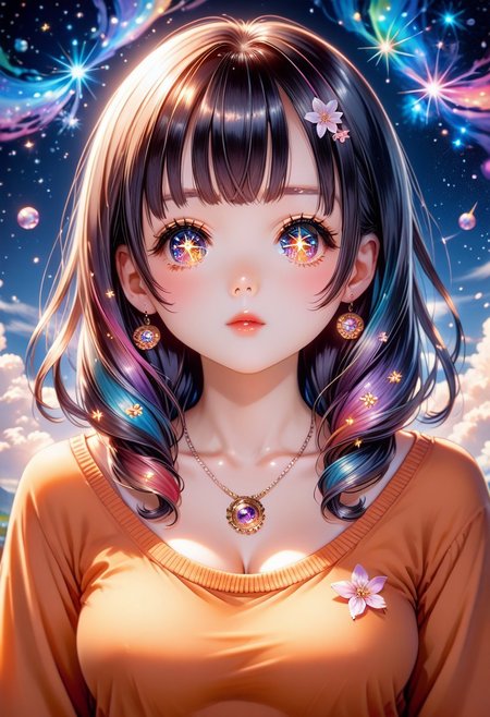 score_9, score_8_up, score_7_up, 1girl, solo, HimenoMP, scenery, (big breasts:0.8). (wide thighs:1.1), (wide hips:1.1), (mature woman:1.1), (detailed eyes, Eyes in high definition, eyes with a lot of detail), (best quality:1.4), a close up of a woman with colorful hair and a necklace, anime girl with cosmic hair, rossdraws pastel vibrant, artwork in the style of guweiz, fantasy art style, colorful, vibrant fantasy style, rossdraws cartoon vibrant, cosmic and colorful, guweiz, colorfull digital fantasy art, stunning art style, beautiful anime style