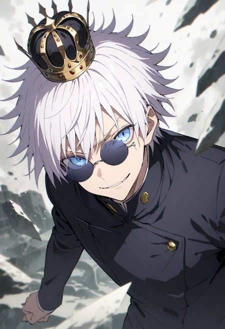 score_9, score_8_up, score_7_up, score_6_up, masterpiece, best quality, absurdres, cinematic, perfect composition, solo, 1boy, gojou satoru, blue eyes, white hair, crown on head, round sunglasses, jacket, black jacket, gakuran, school uniform, high collar, smirk, standing, looking at viewer,