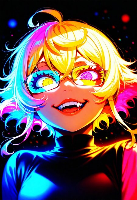 score_9, score_8_up, score_7_up, score_6_up, 1girl, TanyDegurechaff, bare shoulders, teeth, lips, thin lips, narrow mouth, solo, looking at viewer, glowing eyes, wearing glasses, colorful glasses, glasses on the eyes, shiny, glare, a little wet, colorful, open mouth, upper body, from below, back lighting, dark, multicolored background, blurred background, small colorful candies falling from the ceiling, some blurred, colorful, magic particles, explosion of colors, masterpiece, best quality, colorful, bright, pleasing to the eye, grin, greed on his face, his tongue sticking out, a little steam from the mouth, bright, multicolored, bright colors of paint, masterpiece, best quality, amazing quality, very aesthetic, absurdres, lots of multicolored rainbow light, focus on the face, lots of soft light, soft colors