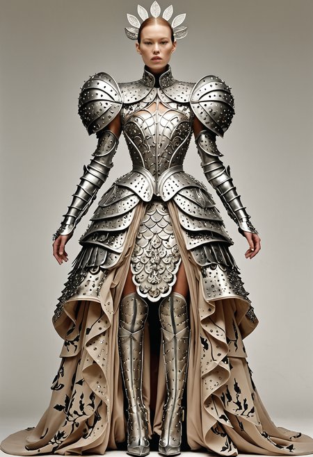 Surrealist art <lora:Alexander McQueen-concept art-000005:1>, alexander mcqueen, concept art, armor dress . Dreamlike, mysterious, provocative, symbolic, intricate, detailed