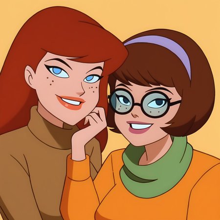 2 woman Score_9, Score_8_up, Score_7_up, surce_6_up, <lora:BatSup_Anim_90s_PDXL:0.8> batsup90xl, flat color, 90s, 1 girl, Daphne blake, wide hips, red hair, long hair, purple headband, blue eyes, smile, looking at viewer, purple minidress, green scarf, big breasts, pantyhose roses, upper body, REST , 1 girl, Velma Dinkley, wide hips, short hair, brown hair, bob haircut, brown pajamas, freckles, sweater-rimmed glasses, smile, turtleneck, orange sweater, big breasts, red skirt, pleated skirt, part upper body,