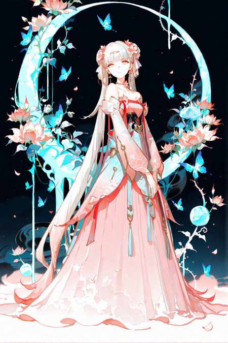 masterpiece,best quality,Good quality,very aesthetic,absurdres,newest,1girl,by rella,solo,long_hair,long_sleeves,dress,closed_mouth,full_body,expressionless,moon,plant,bug,butterfly,limited_palette,vines,two-sided_fabric,blue_butterfly,looking_at_viewer,<lora:ponyv6_noobV1_2_adamW-000017:0.8>,<lora:USNR_STYLE_XL_lokr:1>,
<lora:jxnew-noob-Tanger-000014:0.8>,
jinhsi,jinhsi \(peach blossom\) \(wuthering waves\),(clothes:peach blossom pink dress,alternate costume,bare shoulders:1.2),flower-shaped pupils,1girl,hair ornament,hair flower,twintails,bangs,jewelry,very long hair,