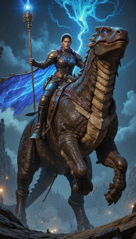crayon,glow, A swashbuckling figure with a billowing, effulgent cape stands astride a colossal, primeval saurian, its hide resembling time-worn leather. Employ a low camera angle, emphasizing the grandeur of the mount and the figure's commanding presence. The figure, clad in supple leather and shimmering fabrics, holds aloft a staff of arcane design, suggesting an air of imperiousness and thaumaturgical prowess. The scene is bathed in the cerulean hues of a twilight sky, evoking a sense of boundless possibility and the impending unknown. Focus on the interplay of textures â the rough hide of the beast juxtaposed against the flowing cape and polished staff â to enhance the visual narrative. Incorporate subtle details such as intricate embroidery on the cape and burnished metal accents on the staff to further enrich the composition.  The background should consist of a vast, desolate expanse, hinting at a perilous, yet captivating journey ahead.