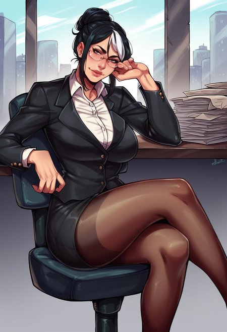 score_9, score_8_up, score_7_up, score_6_up, score_5_up, score_4_up, mature businesswoman in office looking at viewer, black suit jacket, white collared shirt, black hair bun, white streak in hair, black pencil dress, pantyhose, glasses, chair, desk, paper, windows, city in windows, detailed background, sitting on chair  <lora:IkebanaLycoXL:0.85>