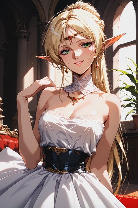 score_9, score_8,  score_7, score_6_up, score_5_up,
deedlit, circlet, white dress, ball gown, (updo), bare arms, short hair,
beautiful face, 24 years old,
smile, green eyes,
bangs,
record of lodoss war,
upper body,
palace, indoor, red carpet, medieval style dress, off shoulder, 
<lora:Degen_Deedlit_v1:0.55>,  <lora:TOO_NobuteruYuuki_v3B_PonyXL:0.55>,  <lora:PirotessXLpony001:0.3>,  <lora:Urushihara Satoshi_XL_PONY_V2:0.4>,  <lora:Sinozick_Style_XL_Pony:0.2>,  <lora:DefaultZ17:0.2>,  <lora:style1:0.2>,   <lora:pixivtext2:0.2>,