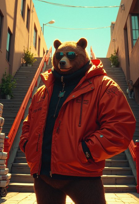 hyper-realisitic, hyper-detailed, RAW photo, detailed foreground, detailed clothing, detailed lighting, aidmaHyperrealism, aidmamj6.1,    
Hollywood Cinematic Film style, epic photography, dramatic light, Kodak film style,
Prompt 1: A hyper-stylized anthropomorphic bear standing confidently at the base of a long outdoor staircase in an urban environment, bathed in warm late afternoon sunlight. The bear wears a sleek, futuristic red windbreaker with subtle embossed logos, a dark turtleneck, and stylish aviator sunglasses reflecting the golden sky. The meticulously detailed fur texture showcases individual strands illuminated by the ambient glow. His expression is stoic, exuding a composed yet dominant aura. His hands, partially gloved, are tucked into the pockets, with the sharp angular folds of his jacket accentuating his powerful build. The background features a long flight of urban steps with red railings, lined with subtle greenery sprouting from cracks in the pavement. Small signs and streetlights cast soft shadows against the warm-hued concrete. To the left, a stack of neatly arranged packages sits on a wheeled cart, suggesting a bustling district. The sky is an almost surreal blue, punctuated by delicate power lines that crisscross the upper frame, adding depth. The art style blends semi-realism with cinematic lighting, with soft rim lights accentuating the bear's contours. A faint breeze lifts the edges of his jacket, adding a subtle sense of motion. The perspective is slightly low-angle, emphasizing the bear’s towering presence against the long stairs that stretch infinitely upward. The rendering is sharp, with crisp textures on fabric, fur, and pavement, ensuring a highly polished aesthetic.
 <lora:MoriiMee_Gothic_Niji_Style_FLUX:0.65> <lora:Flux__Semi-realistic_art_style-000004:0.25> <lora:Hand_v2:0.4>