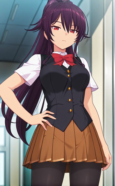 masterpiece, best quality, highres, newest, 1girl, solo, official style, anime screencap, <lora:IL_Sacred_Noire:1>, sacrednoire, purple hair, ponytail, red eyes, school uniform, black vest, red bowtie, short sleeves, brown pleated skirt, black pantyhose, looking at viewer, expressionless, hand on hip, cowboy shot