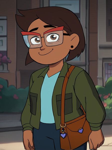 Camila, 1girl, solo, brown hair, glasses, earrings,smile,  green jacket, short hair, brown eyes,bag, shoulder bag,  blue shirt, pants, outdoors, long sleeves, standing <lora:CamilaPony1.0:1.0>, score_9, score_8_up, score_7_up, score_6_up, score_5_up, score_4_up, looking at viewer,, zPDXL  <hypernet:bad-hands-5:1>