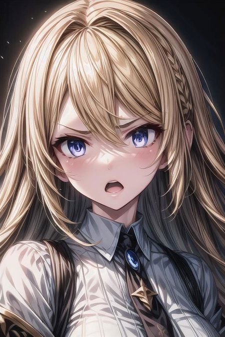 (masterpiece),
Luna,
1girl, blonde, floating hair,
white shirt,
 upper body shot, 
 HDR, highly detailed, 32k,
 black background, anger mood, 
perfect face feature,