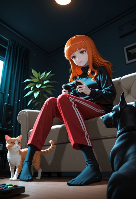masterpiece,best quality,absurdres,highres,very aesthetic,high quality,detailed,insanely detailed,beautiful,perfect lighting, ,depth of field,blurry background,bokeh, <lora:Takebe Saori illu v2:1>
 long hair, blunt bangs, orange hair, orange eyes,
1girl, solo, solid eyes, expressionless, pale skin, black tack jacket, track pants, no shoes, socks, sitting, on couch, pigeon toed, leg support, holding, game controller, nail polish, modern interior, closed curtains, decorative plant, living room, from below, perspective, screen light, screen out of frame, low light, film grain, dark room, shadows, animal, ginger cat with green eyes, black dog, Great Dane, indoors, glitch, (glitch art), pixel art, fisheye, intricate, no lineart, no