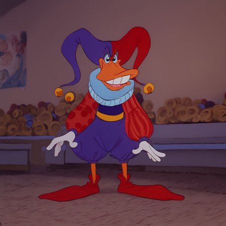 score_9,score_8_up,score_7_up,score_6_up,best quality,masterpiece, background toystore, toy shop,  1boy, solo, BREAK Quackerjack, trunk hose, ruff collar, puffy sleeves, right striped sleeve, left dotted sleeve, looking at viewer, smile, jester cap