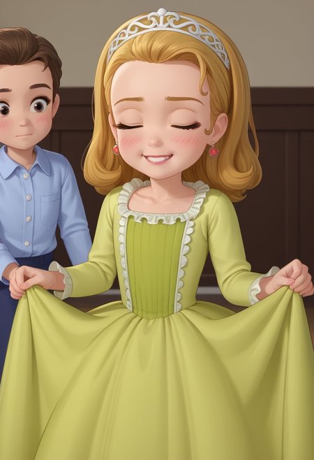 score_8, score_9, adorable, female child, amber, blonde hair, earrings, dress, head pats, indoors, blush, one eye closed,