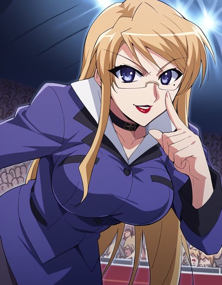 score_9, score_8_up, score_7_up, source_anime, <lora:margery-daw-s1-ponyxl-lora-nochekaiser:1>, margery daw, long hair, blue eyes, blonde hair, large breasts, glasses, mole, makeup, lipstick, choker, formal, suit,, arena, seats, stage, event, audience, smile, <lora:finger-to-cheek-ponyxl-lora-nochekaiser:1>, finger to cheek, index finger raised, pointing at self, bedroom, parted lips, leaning forward, bent over, cowboy shot, dutch angle,, looking at viewer, solo,, dutch angle, cowboy shot