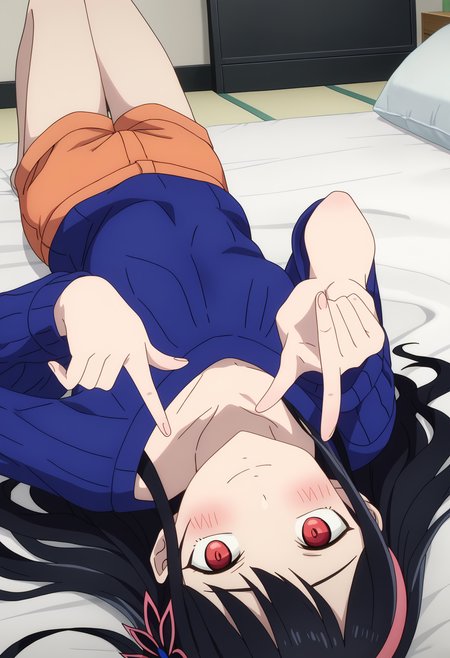 score_9, score_8_up, score_7_up, source_anime,
BREAK
<lora:shiupsidedownV1:0.7>,shiupside, lying,on back, upside-down,
indoors, bed, pointing at viewer, 
1girl, solo,
anime screencap, anime coloring,
<lora:shiYeonFinalV1:0.9>, yeonblu, long hair, black hair, red eyes, hair ornament, hairband, hair flower, off shoulder, blue sweater, sweater dress, black bra, orange shorts, short shorts,
looking at viewer, blush, smile,
