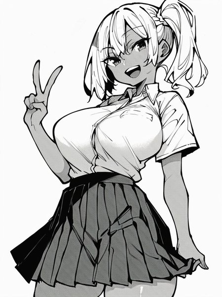 score_9, score_8_up, score_7_up,  
1girl, monochrome, white hair, side ponytail, dark-skinned female, large breasts,

white shirt, short sleeves, pleated skirt, standing, v, looking at viewer, smile, open mouth, white background,
