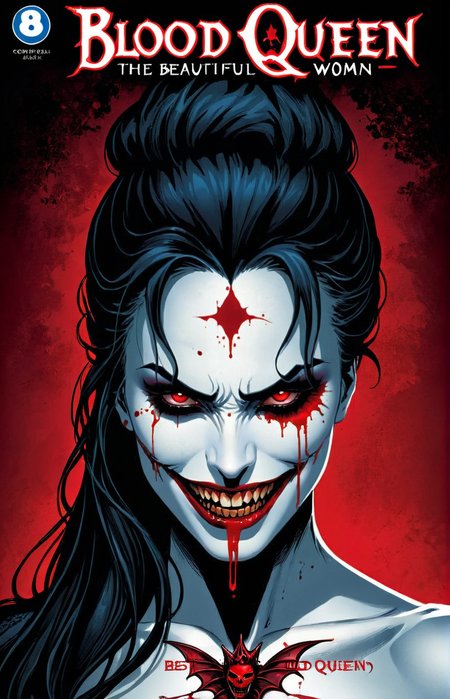 a comic book cover of the bloody face of a woman, beautiful. profile,   text " The Blood Queen", outline, best quality, masterpiece,  <lora:cbcmkrsdxl:1>, cbcmkrsdxl, comics logo , vibrant color, red and black, smile, vampire, glowing eyes, shadows,