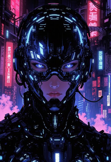 ck-rw, in the style of ck-rw, A futuristic cyberpunk woman stands centered in the frame, wearing a shiny, reflective glass mask that subtly mirrors the neon-drenched cityscape around her. The mask reveals glowing, sharp metallic blue high-tech components running through her mechanical jawline and temples, suggesting advanced augmentation. Her piercing eyes—visible through translucent slits in the mask—make direct, intense eye contact with the viewer, glowing faintly in electric blue hues. An abstract neon background pulses with chaotic holographic signs, neon-pink fog, and glowing circuitry patterns. A scanner device projects thin laser beams as it maps the environment, giving a sense of her being a hunter, precise and calculating. The atmosphere is dark yet vibrant, with the sharp reflections on her mask catching the light from every neon source. Camera angle: close-up, straight-on view. Lighting: dramatic, with high contrast neon-blue highlights and deep shadows.