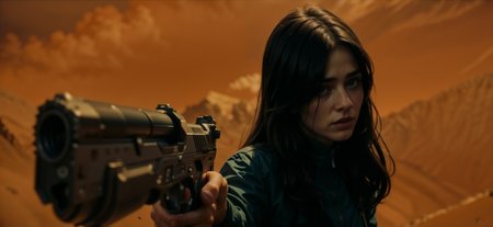 woman holding a gun in a dark room, movie action still frame, Screenshot from the movie, photo of Ella Purnell,wearing blue jumpsuit from fallout vault, shot from the movie, action scene screenshot, shot from the tv show by Jonathan Nolan, action tv show still, scene action from the film, action scene, Ella Purnell as Lucy maclean, screenshot from the film, filmed from the cinema,masterpiece, bestquality, ultra-detailed, detailed scenery, cinematic effect,
