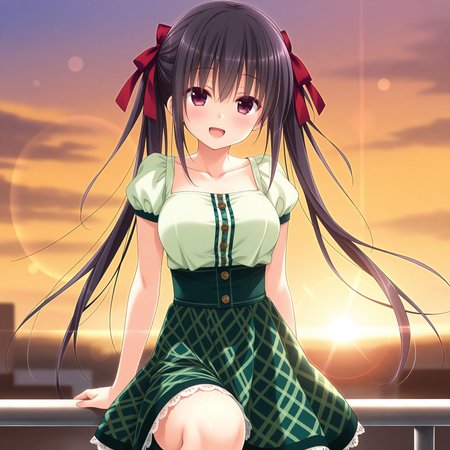 <lora:Kumari_Kotobuki_1_nai-000045:1>,Kumari Kotobuki,twintails,hair ribbon,red ribbon,
official outfit,plaid skirt,lace-trimmed skirt,green skirt,high-waist skirt,puffy short sleeves,light green shirt,
BREAK
1girl,solo,smile,open eyes,open mouth,sitting,on railing,knee up,looking_at_viewer,cowboy_shot,face_focus,front view,straight-on,depth of field,lens_flare,sunset,