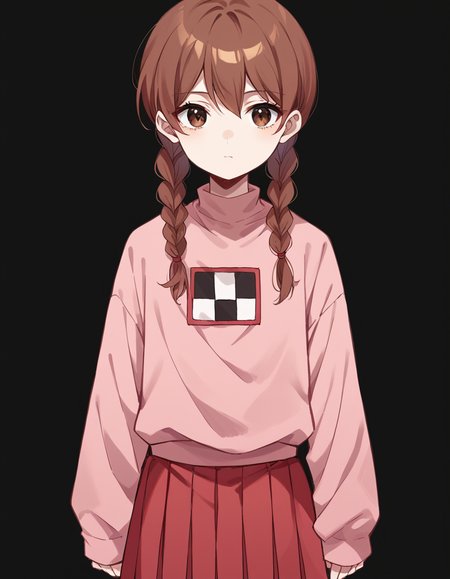score_9, score_8_up, score_7_up, source_anime,
madotsuki, <lora:madotsuki-ponyxl-lora-nochekaiser:1>,
madotsuki, braid, hair over shoulder, long hair, twin braids, twintails, brown hair, brown eyes,
long sleeves, pink sweater, pleated skirt, red skirt, skirt, sleeves past wrists, sweater,
simple background, black background,
solo, looking at viewer, cowboy shot, straight-on,