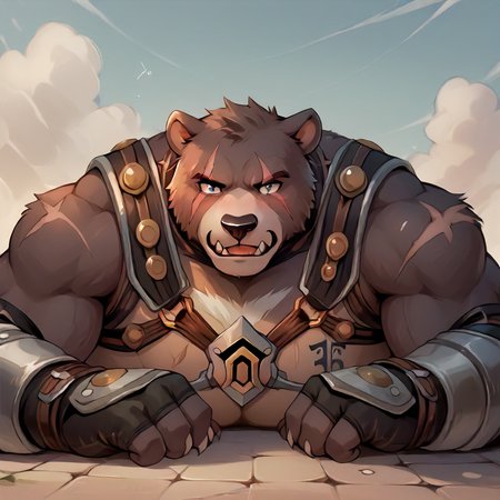 score_9, score_8_up, score_7_up, source_furry, BREAK <lora:Tharsix:.9> tharsix, bear, bara, lying on stomach, armor,  scars, plump, muscle gut, harness