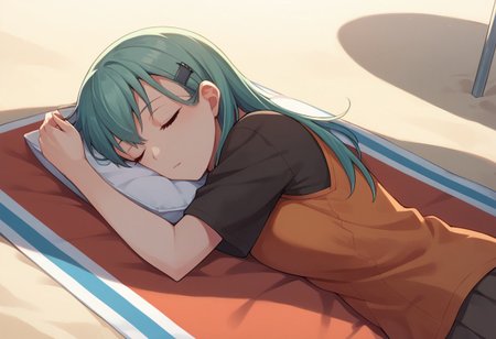 score_9, score_8_up, score_7_up, source_anime, suzuya (kancolle), hairclip, sleeping, lying, beach