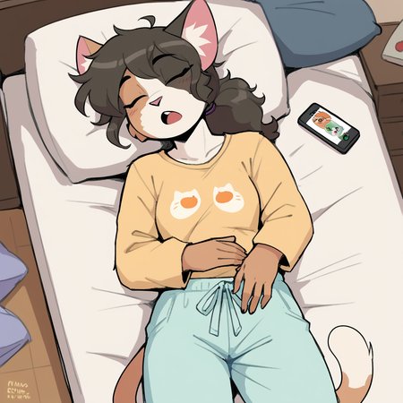 score_9_up, score_8_up, score_7_up, score_6_up, furry female, calliope kyatto, cat, calico cat, female, furry, ponytail, green eyes, dark hair, pajamas, pajama pants, sleeping, eyes closed, smartphone, messy hair, bed, on bed, open mouth,  bedroom, snoring, white socks, solo, on back, slim, head tilt, head turned, high-angle view,   <lora:Leah_Pines(AIM)_XL_v1:0.75>, <lora:PDXL_artist_tags_v2_big:0.8> <lora:The-Minuscule-Task_PDXL_v1.0:0.8>  <lora:Calliope_Kyatto_427Deer:0.75>