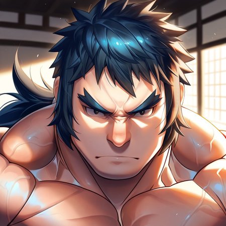 safe_pos, safe_pos, source_anime, detailed background, (score_9, score_8_up, score_7_up), zoroj, masterpiece, best quality, high quality, ultra detailed, highly detailed, high detail, artistic lighting, (highly detailed face, (perfect face, perfect eyes)), depth of field, perfect soft lighting, best shadows, perfect reflections, volumetric, detailed image, high resolution, defined faces, sharp definition,

solo, 1boy, male focus, Bruno, black eyes, black hair, long hair, low ponytail, no shirt, musclebears, muscular male, bara, hyper muscles, veiny muscles,

dojo, ((((face shot)))), looking at viewer,