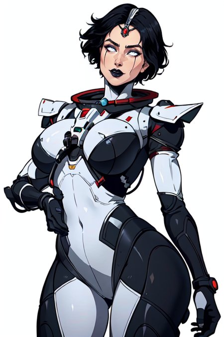 masterpiece,best quality,extreme detail,8k,((white background)),<lora:horizon:0.8>,horizon2,1girl,solo,looking at viewer,short hair,black hair,cowboy shot,hand up,armor,bodysuit,glowing,colored skin,lipstick,space,white eyes,grey skin,forehead jewel,black lips,wide hips,upper_body,