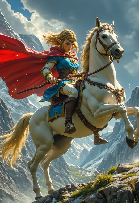 A historical scene of Zelda crossing the Alps, depicted heroically in the style of a grand historical oil painting. Zelda is wearing a vibrant military uniform with a dramatic red cloak billowing in the wind. She is mounted on a white horse rearing on its hind legs, capturing a sense of movement and determination. The background is filled with rugged, snow-covered mountains under a stormy sky, adding to the intense atmosphere. The horse and Zelda's faces show focused expressions, with realistic lighting emphasizing the shadows and highlights on their figures,  Z3ld3k1ck1x, hkmagic