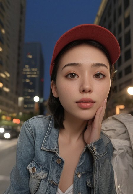 30yo woman posing for pic in front of tall building.
Small eyes. Brown eyes.
Wearing ripped Denim jacket red hat
no makeup. Clear skin.  realistic skin style
Long dark black slick back hair. No makeup. Dusk, Street light. Looking at camera POV. Slight smile, tilting head.. Tilt head. Hands in head, face, lips.
Medium Close Up shot. Bokeh. Bokeh light.