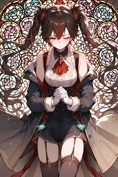 (score_9, score_8_up, score_7_up) BREAK source_anime,1girl,solo,rosaria \(mareless\),rosaria \(sleeveless dress\),gloves,garter straps,off shoulder coat,sad, tears, one eye closed,closed mouth,own hands together,looking at viewer,cowboy shot,standing,indoors, (stained glass:1.2), sparkle, bug, butterfly, <lora:rosaria_mareless:1>