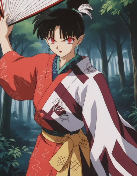 score_9, score_8_up, score_7_up, source_anime,
inuyashakagura, <lora:inuyasha-kagura-ponyxl-lora-nochekaiser:1>,
kagura, black hair, hair ornament, red eyes, pointy ears, makeup, feathers, feather hair ornament, ponytail,
jewelry, earrings, japanese clothes, kimono, makeup, hand fan, folding fan, red kimono, holding fan,
outdoors, forest, nature,
looking at viewer, fighting stance,
