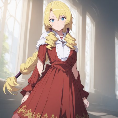 1girl,solo,looking at viewer,cowboy_shot,masterpiece,high score,great score,absurdres,red dress,<lora:Lashara_tmwg ag4o v1:1> lashara_tmwg, blonde hair, blue eyes,